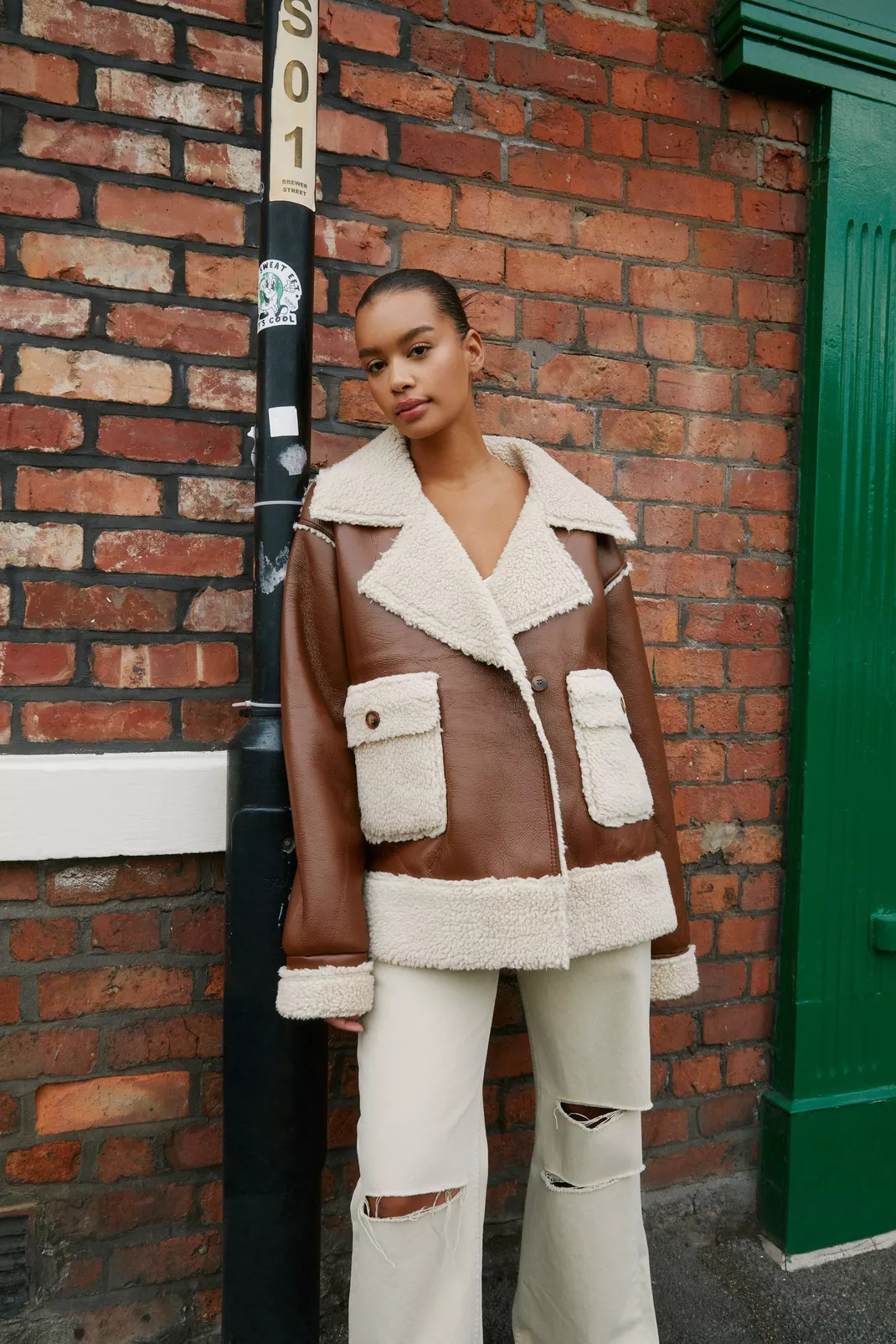 Plus Size Faux Leather Borg Line Aviator Coat | Nasty Gal (US)