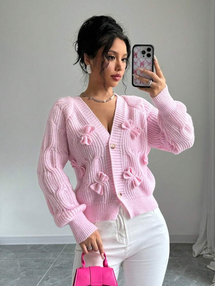 Elenzga Women's Soft Pink Bow Cardigan,Long Sleeve Tops | SHEIN