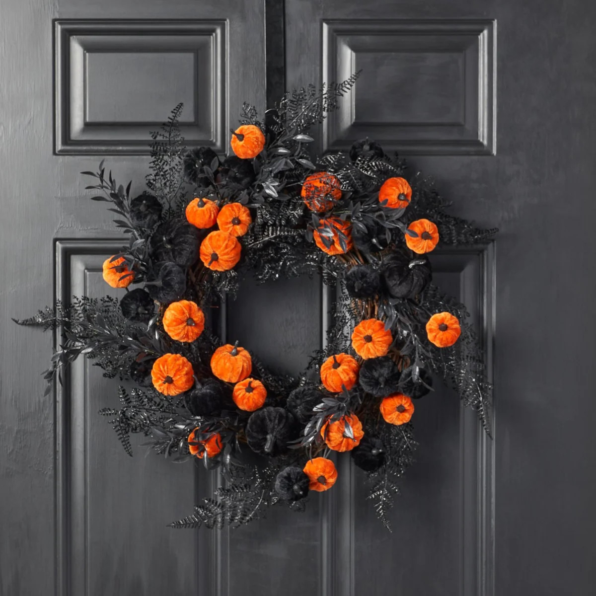 Halloween Delight - Black & Orange Mini Velvet Pumpkin with Midnight Foliage Fall Wreath | Darby Creek Trading