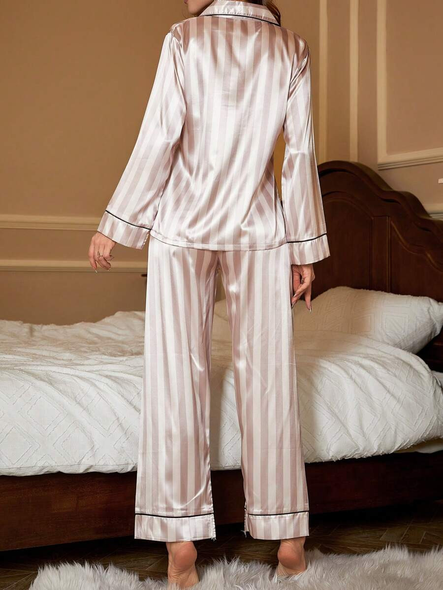 Shein CoupledUp Striped Print Contrast Piping Satin PJ Set / Pajama Set | SHEIN