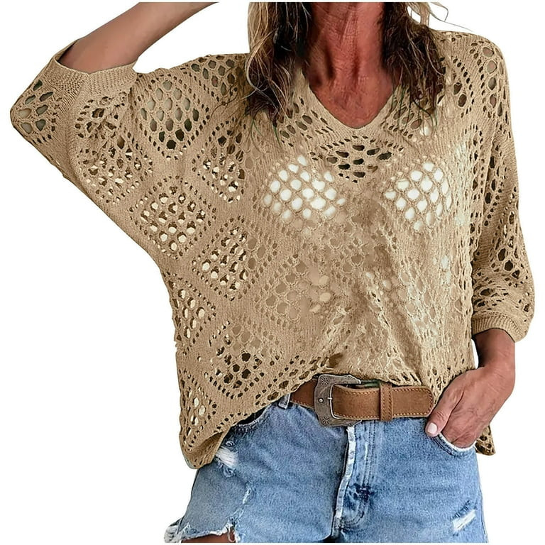 Alkepwun Crochet Sweaters for Women Spring Summer Diamond-shaped Hollow Out V Neck Batwing Sleeve... | Walmart (US)