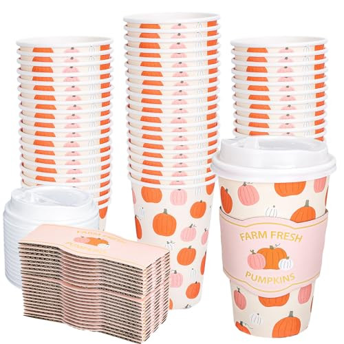 Whaline 50Pcs Fall Thanksgiving Pumpkin Coffee Cups Disposable Paper Cup with Lids and Sleeves Pink-Orange Pumpkin Paper Drinking Cups for Autumn Restaurant Travel Supplies | Amazon (US)
