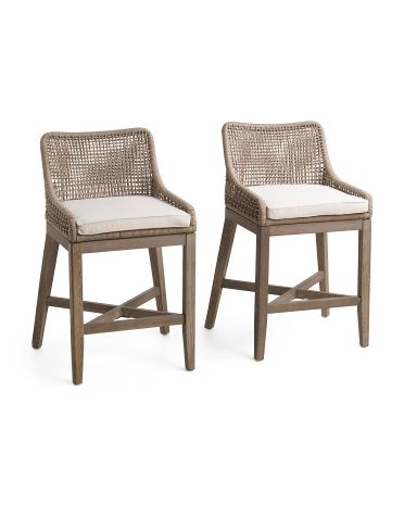Set Of 2 Grid Weave Rope Counter Stools With Acacia Wood Base | TJ Maxx