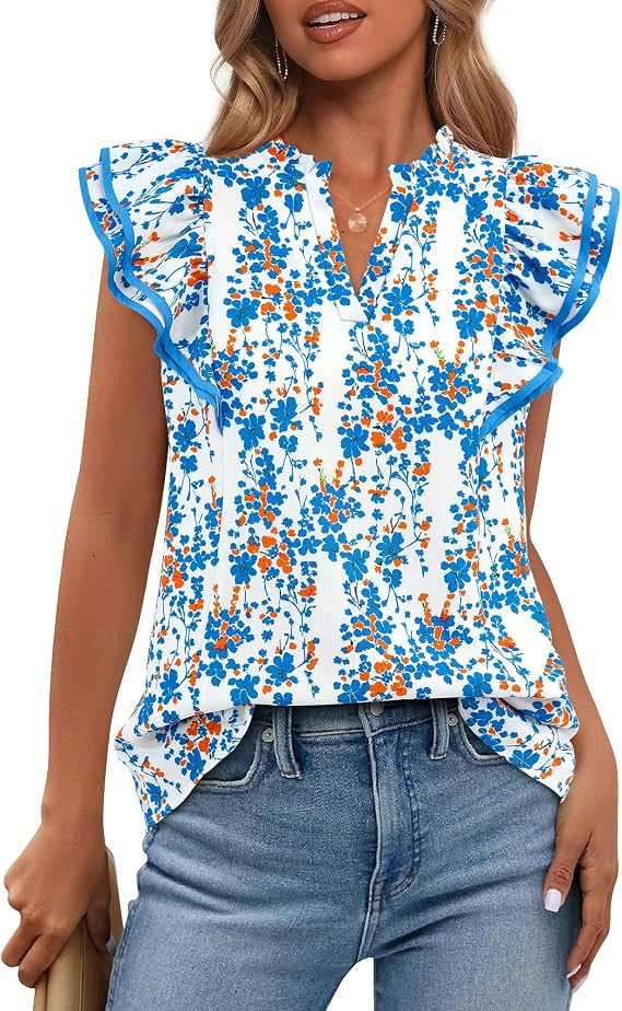 BTFBM Womens Tops Dressy Casual 2026 Spring Summer Shirts Boho Floral V Neck Ruffle Cap Sleeve Bu... | Amazon (US)