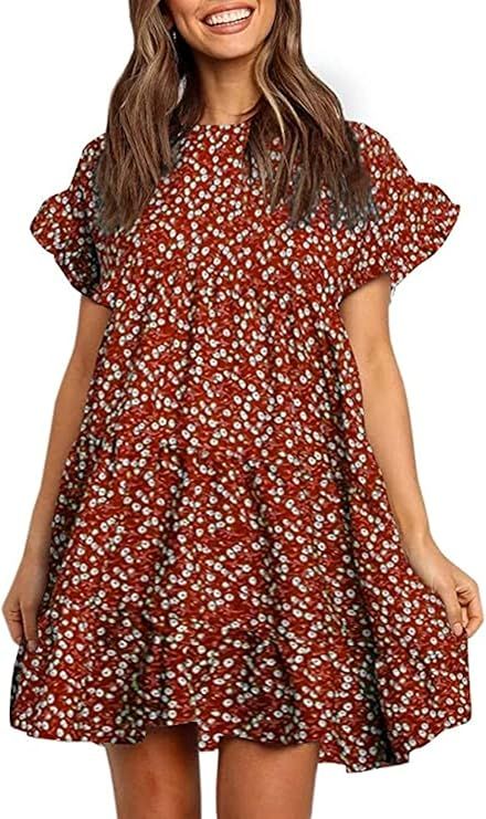 Chuanqi Womens Ruffles Boho Floral Printed Babydoll Loose Swing Casual Short Mini T-Shirt Dress | Amazon (US)