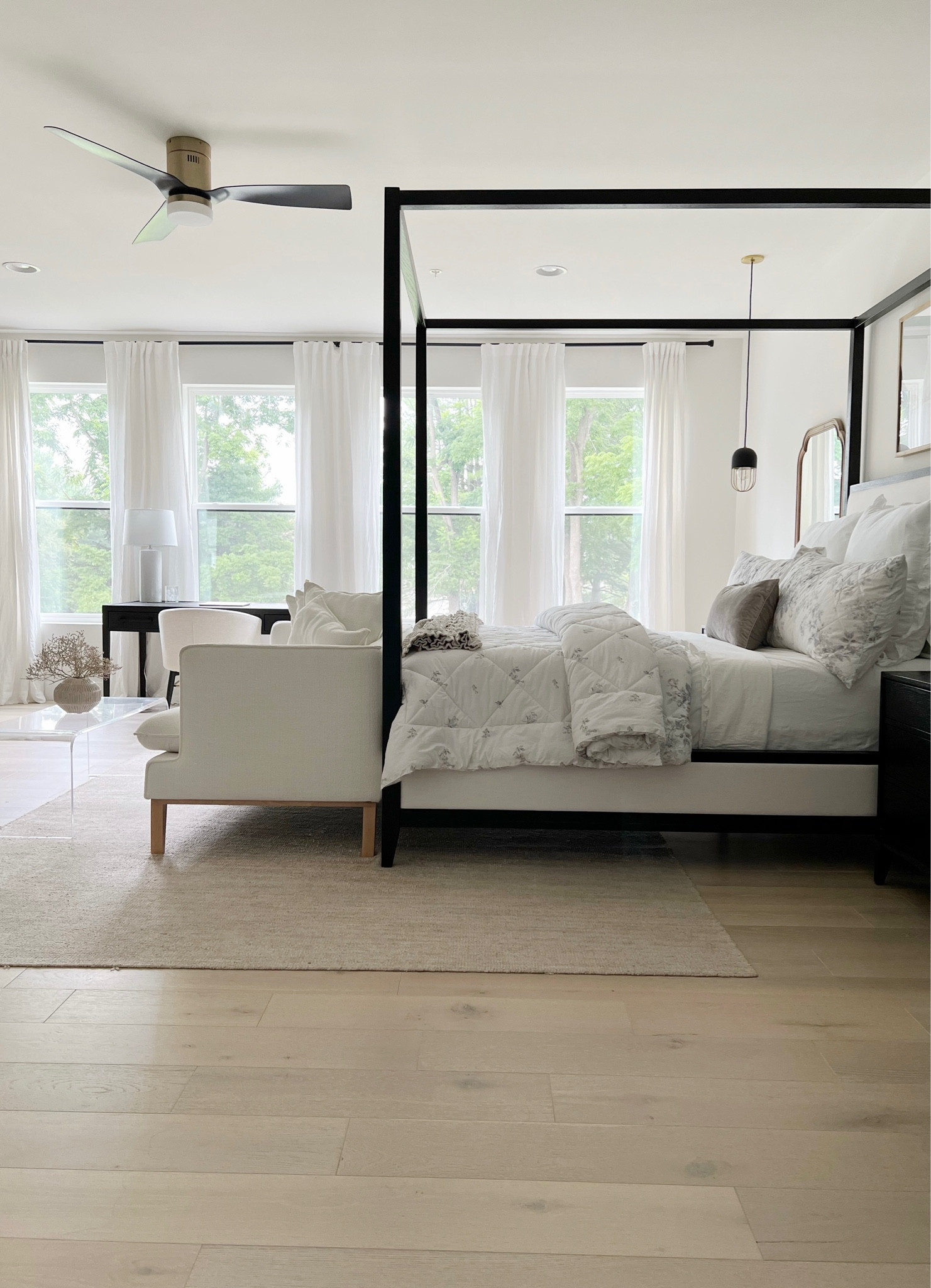 Neutral home, neutral decor, white bedroom, white bedroom, canopy bed, linen drapes, Loloi rug, rh, bedroom styling

#LTKhome