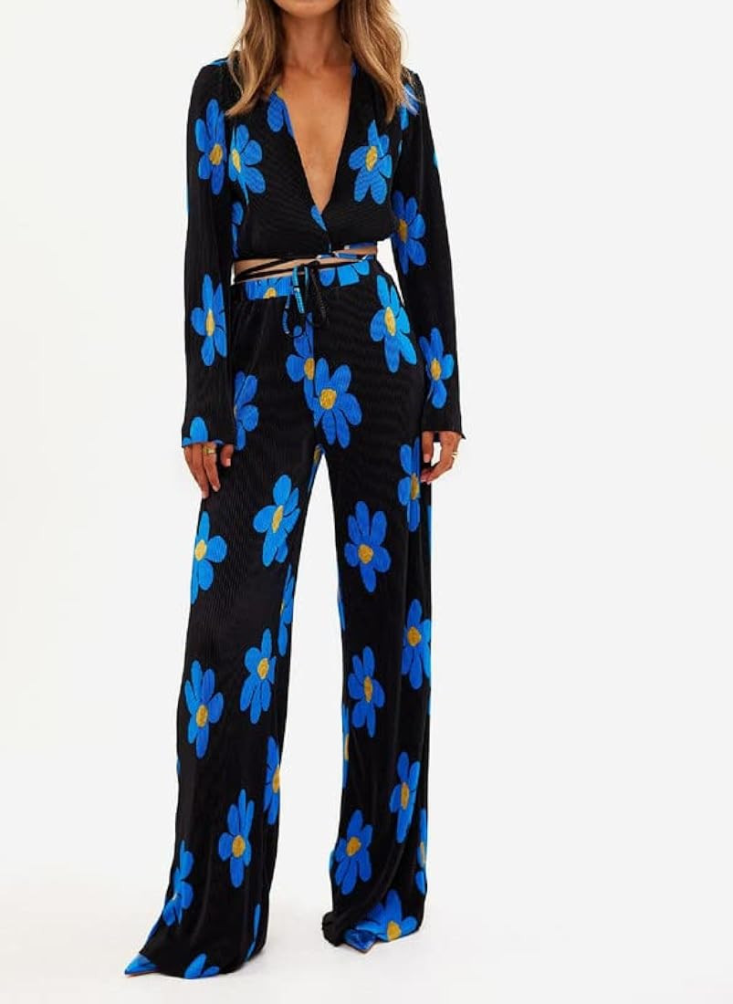 Women Pleated Two Piece Pants Set Print Long Sleeve Button Down Shirt and Pants Oversized Fashion TI | Amazon (US)