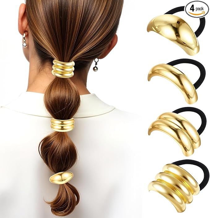 4 PCS Gold Hair Ties, Metal Hair Ties for Thick Hair Ponytail Hair Cuff Gold Hair Ties Hair Cuff ... | Amazon (UK)