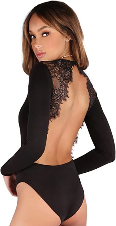 DIDK Women's Sexy Backless Lace Appliques Long Sleeve Bodysuit | Amazon (US)
