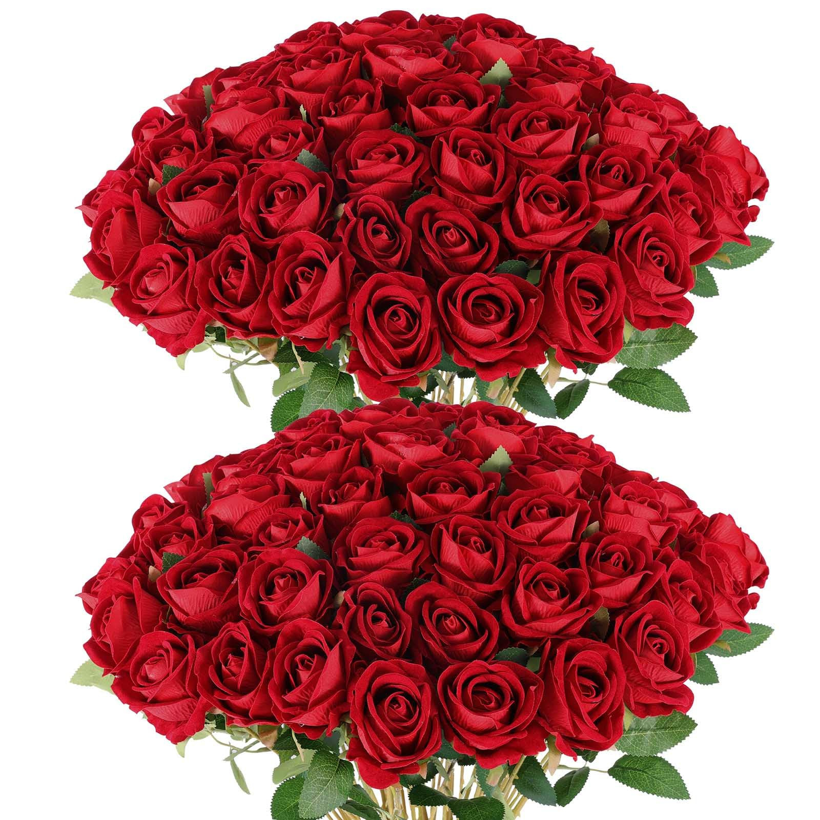 Hananona 50 Artificial Roses in Bulk, Fake Velvet Silk Burgundy Roses Realistic Red Roses for Wed... | Amazon (US)
