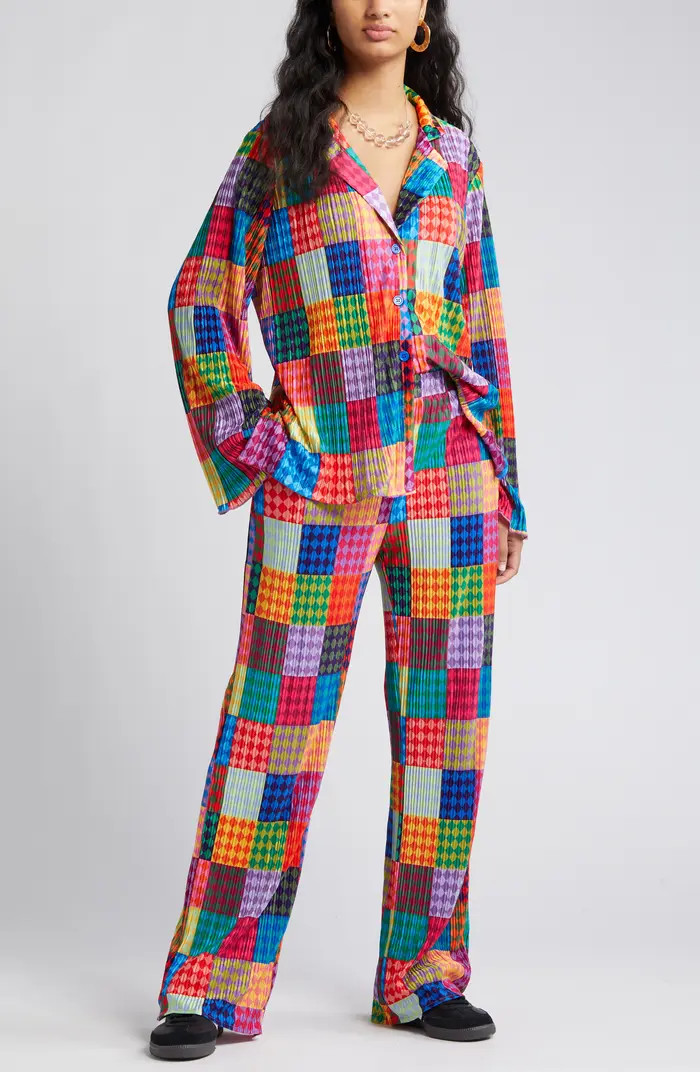 Notched Collar Plissé Top & High Waist Pants Set | Nordstrom