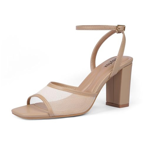 Easyfox Nude Heels for Women Chunky Heel Nude Mesh Heels Square Open Toe Strappy 3 Inch Heeled Sandals Dress Wedding Block High Heel Shoes Size 8 | Amazon (US)