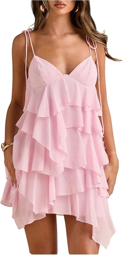 Floerns Women's Cocktail Tie Shoulder Mini Dress Sleeveless Layered Ruffle Cami Sundress | Amazon (US)