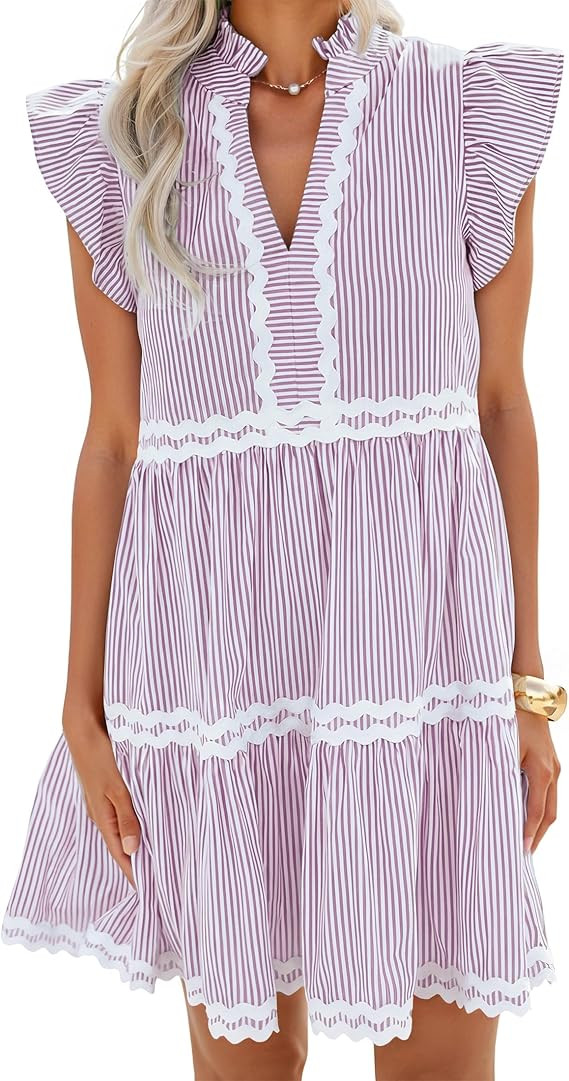 ZESICA Women's Summer Casual Mini Dress 2026 V Neck Flutter Short Sleeve Striped Ruffle A Line Be... | Amazon (US)