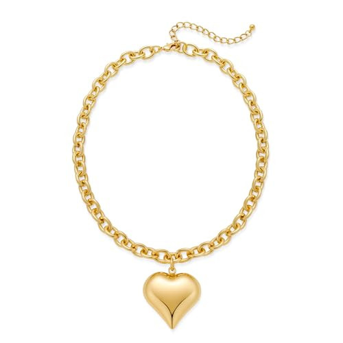 FAUTHENTICUTE Chunky Gold Heart Choker Necklaces For Women Thick Gold Plated Cable Chain Necklaces With A Large Heart Pendant Puffy Heart Charm Necklaces | Amazon (US)