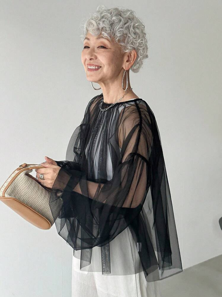 FRIFUL Women's Black Solid Color Round Neck Lantern Sleeve Sheer Mesh Fabric Layered Loose Casual Versatile Blouse, Suitable For Vacation, Outing, Airport Travel | SHEIN