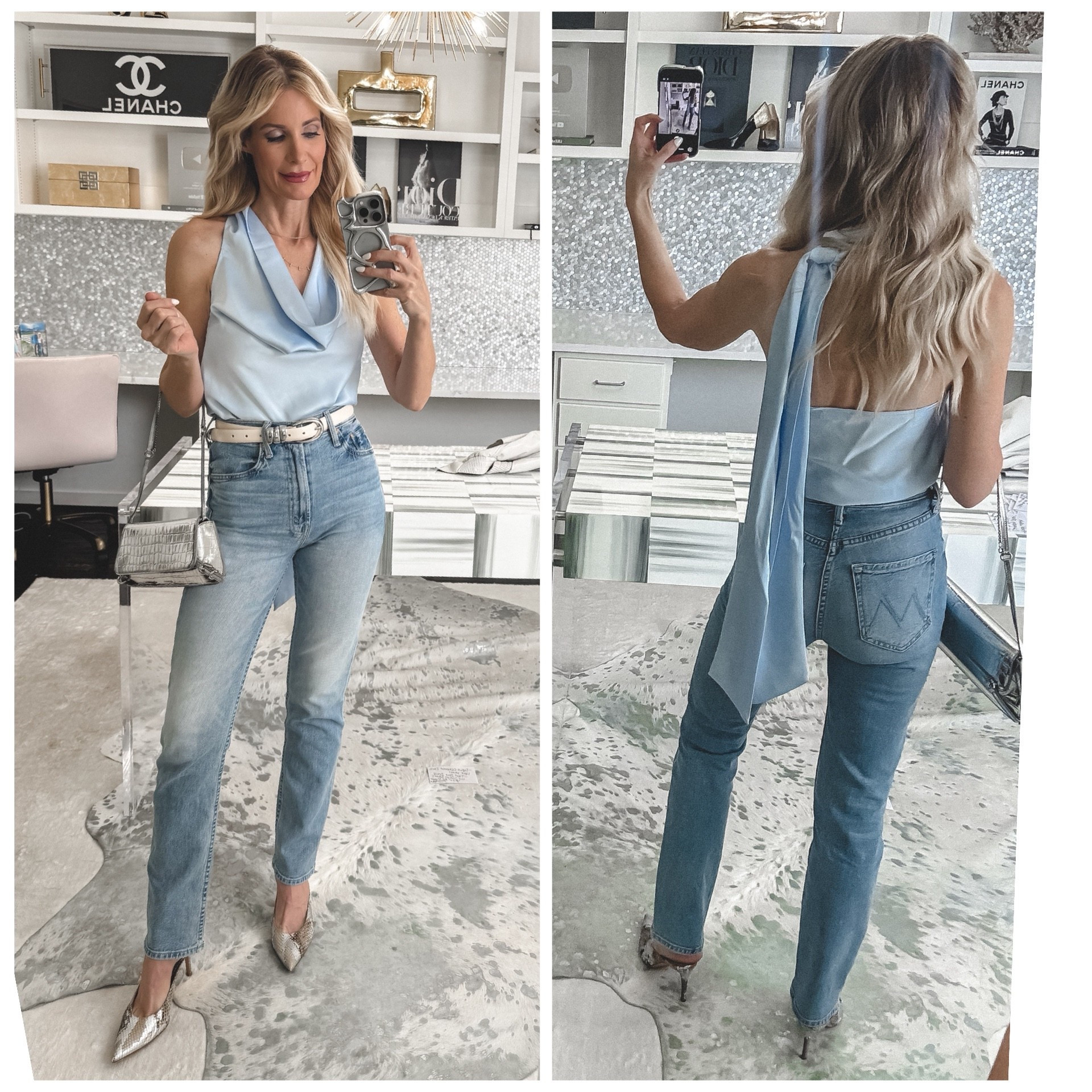 Spring date night outfit idea featuring flattering Mother Rider jeans, an ice blue halter top, and a chic cropped vegan leather jacket.
I’m wearing a 24 in the jeans and they fit TTS—such a fun girls’ night or dinner look. Shop the full outfit here. 

 #LTKootd #LTKSeasonal #LTKOver40