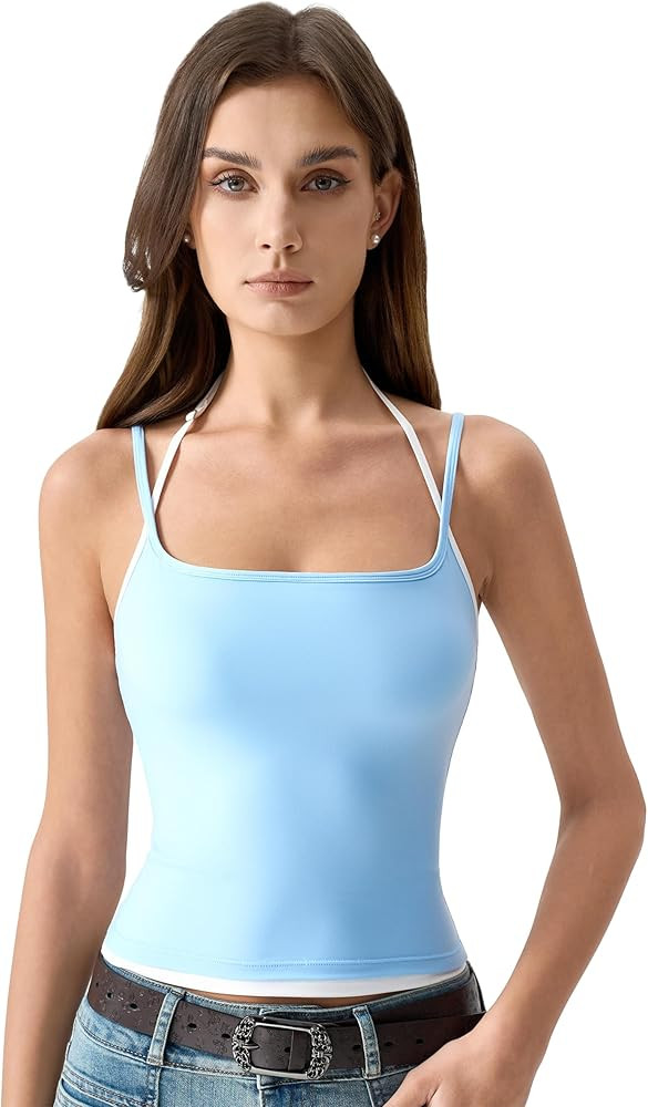 QINSEN Women's Spaghetti Strap Tank Top Slim Fitting Layered Halter Neck Sleeveless Crop Cami Shi... | Amazon (US)
