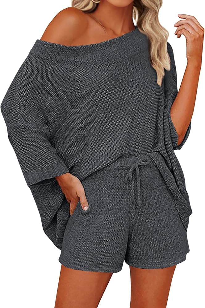 Mafulus Women's 2 Piece Outfits Sweater Sets Off Shoulder Knit Top Shorts Matching Suits Cute Paj... | Amazon (US)