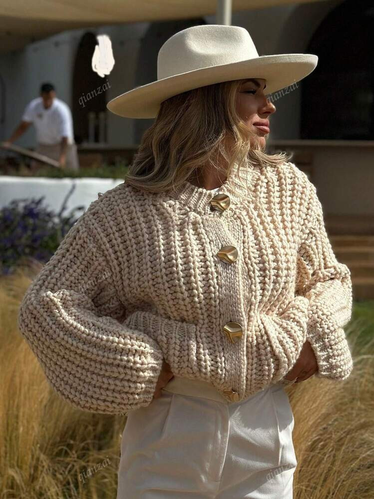 Women Fashion With Pockets Single Breasted Knitted Sweater Vintage O-Neck Long Sleeves Female Chic Lady Outfits | SHEIN