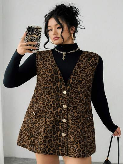 SHEIN CURVE+ Plus Size Women V-Neck Sleeveless Leopard Print Dress, Autumn/Winter Leopard Vest Dress Animal Print Dress Cheetah Print Dress Vest Dress With Pockets Leopard Print Vest Dress Leopard Dress | SHEIN