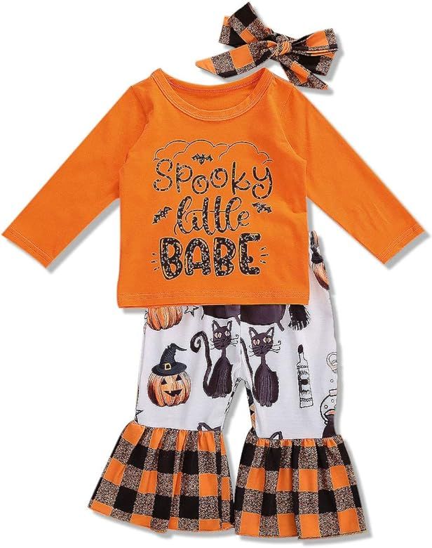 DER Newborn Baby Girl Leopard Outfit Letter Print T Shirt+Bell-Bottom Pants Set | Amazon (US)
