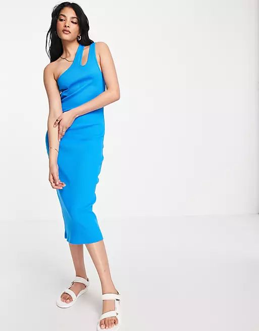 ASOS DESIGN ribbed midi dress with cut out one shoulder in bright blue | ASOS (Global)