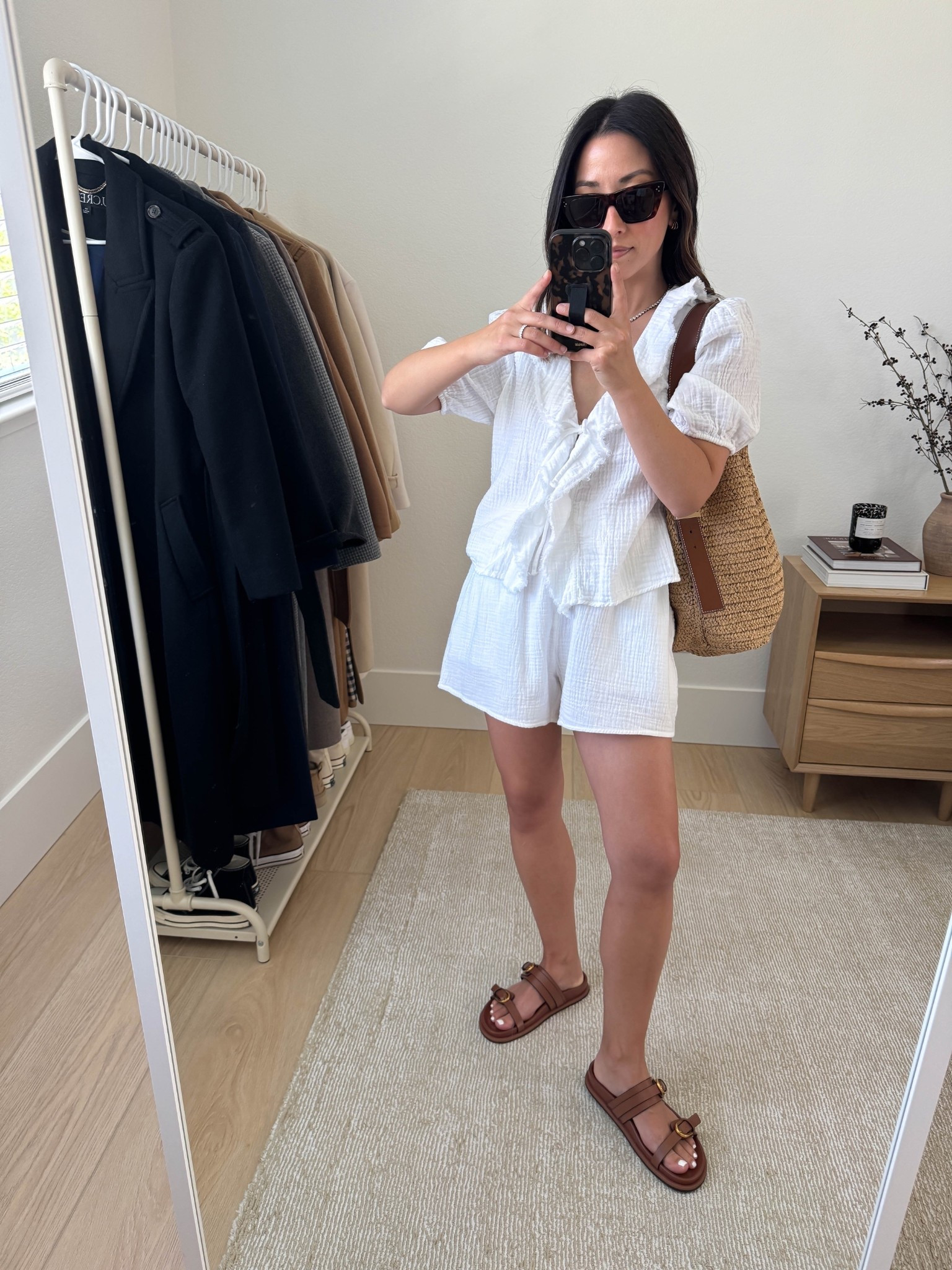 Aritzia Gauze separates. 

Aritzia top small
Aritzia shorts xs
Zara slide sandals 5
J.crew bucket bag
Celine sunglasses 
Dorsey James necklace 15”
J.crew earrings 

#LTKPetite #LTKStyleTip #LTKShoeCrush