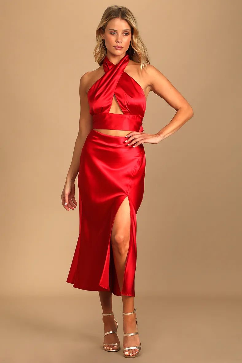 Truly Stunning Red Satin Midi Skirt | Lulus (US)