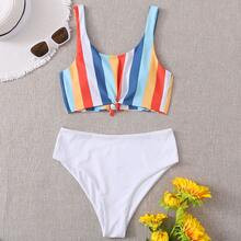 Colorful Stripe Knot Hem Bikini Swimsuit | SHEIN