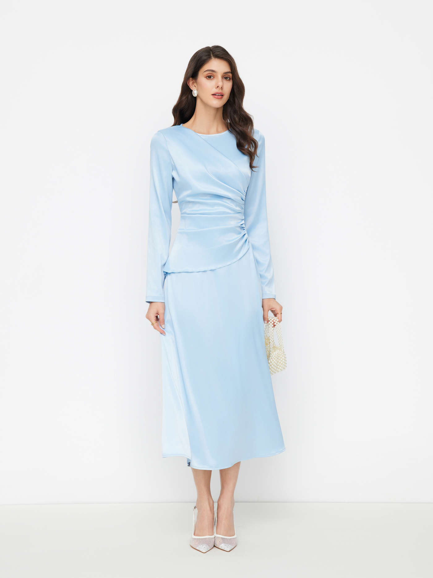 Satin Round Neckline Ruched Lace Up Maxi Dress | Cider