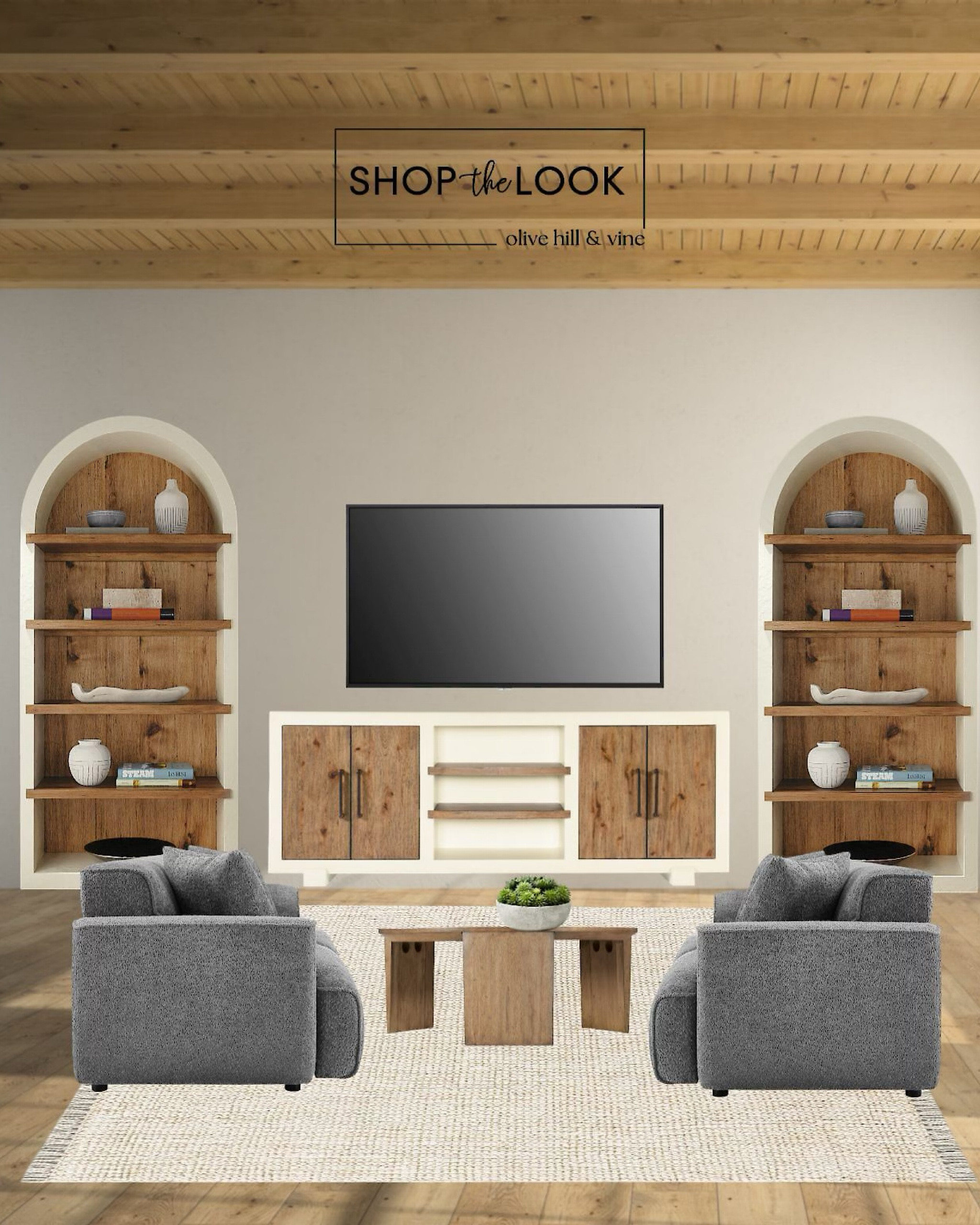 Escape to the charm of rustic living with a curated design that feels grounded and inviting. Think arched bookcases and a TV stand in warm hickory veneer, boucle couches, and a jute rug, all softened by organic textures, forged hardware, and classic moldings. 

#LTKFamily #LTKStyleTip #LTKHome