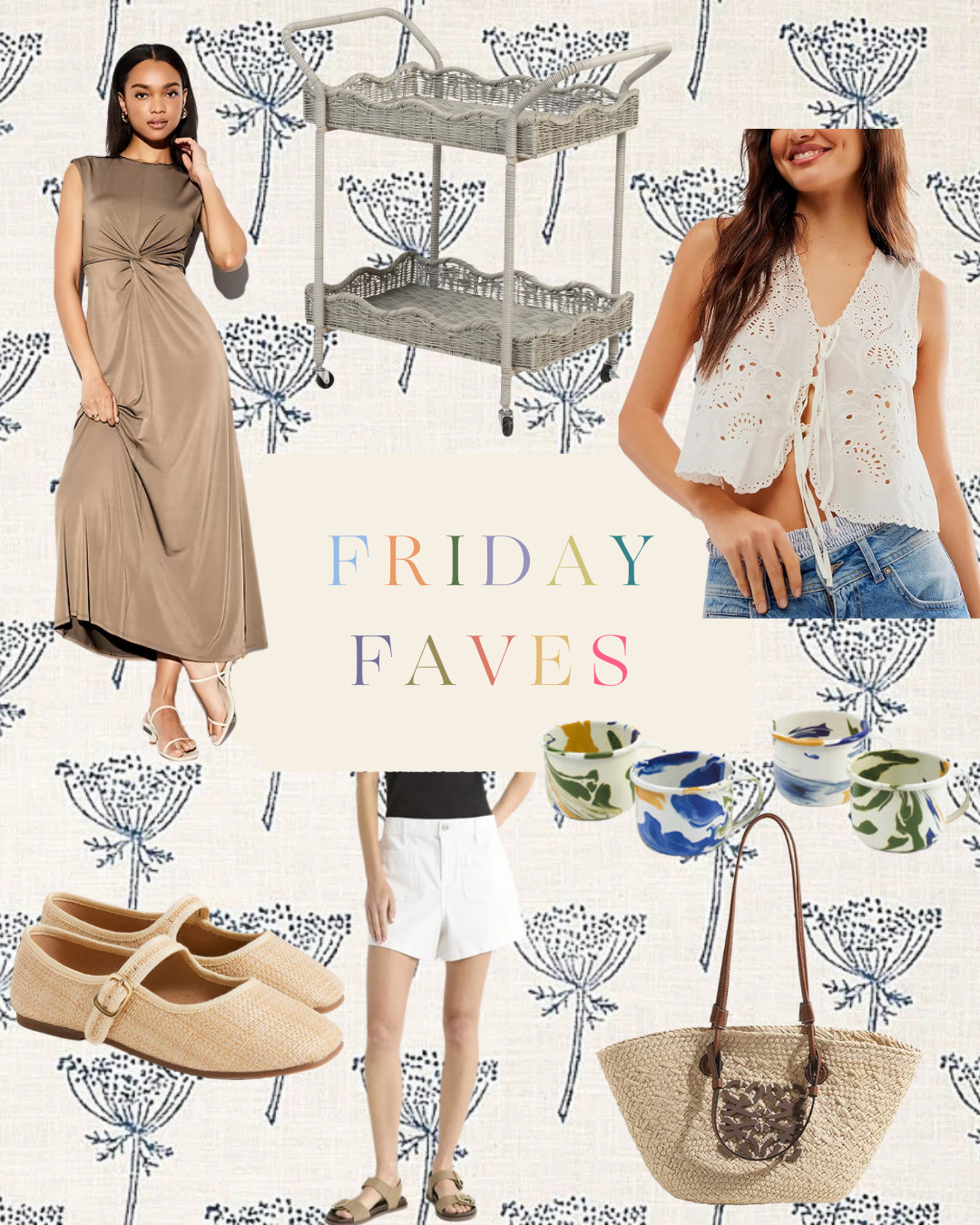FRIDAY FAVES: neutral twist dress that looks way more expensive than it is, the eyelet top I just ordered (can already tell it’ll be on repeat this summer), and the scalloped wicker bar cart that gives instant coastal charm.

The marbled mugs are a fun upgrade for your morning coffee, the woven Mary Janes for kids are a sweet twist on a classic, and white shorts + a tank = easy summer uniform. That straw tote? Perfect for beach days or farmers market runs and ridiculously stylish! 

 #LTKHome #LTKSaleAlert #LTKStyleTip