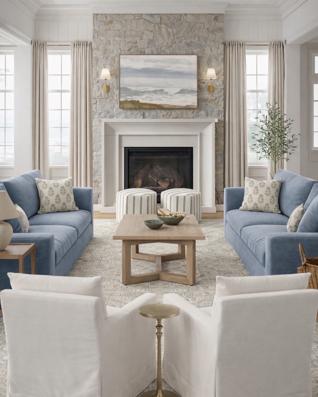 coastal living room, blue sofa, light blue sofa, white accent chairs, slipcovered chairs, stone fireplace, fireplace makeover, living room inspiration, coastal home decor, modern coastal, beach house style, neutral living room, white oak coffee table, coffee table decor, washable rug, vintage style rug, area rug, linen curtains, home decor, interior design, transitional style, organic modern, Serena and Lily style, Studio McGee style, McGee and Co, Nancy Meyers aesthetic, timeless home decor, cozy living room, designer living room, home inspiration

#LTKdayinmylife #LTKSeasonal #LTKHome