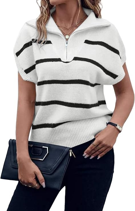 Viottiset Women's Sweater Shirts Sleeveless Pullover Knit Sweaters Tops Striped Zipped Shirt | Amazon (US)