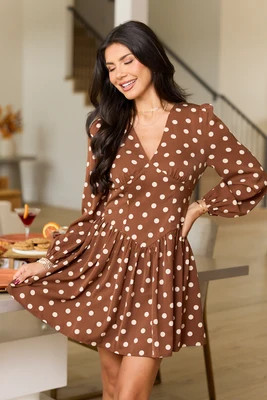 Chic Simplicity Brown/White Polka Dot V-Neck Mini Dress | Pink Lily