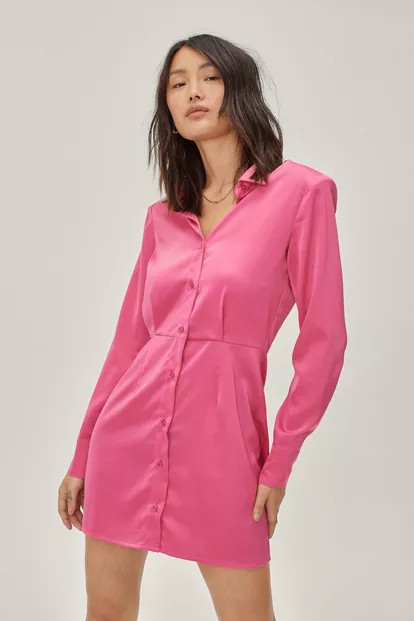 Satin Statement Shoulder Mini Shirt Dress | Nasty Gal (US)