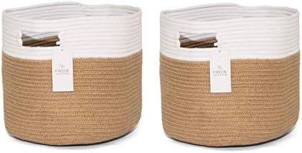 Chloe and Cotton Woven Fabric Cube Storage Baskets Jute White with Handles | Set of 2 | Cute Deco... | Amazon (US)