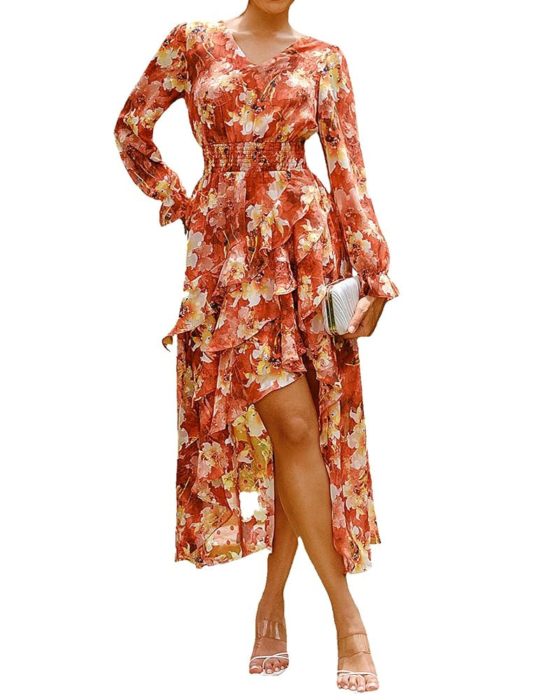 GRACE KARIN Long Sleeve Wedding Guest Dress 2025, Boho Maxi Fall Dresses, Chiffon Flowy Floral Dr... | Amazon (US)