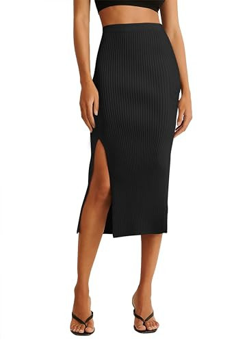 v28 Women Midi Side Split High Waisted Stretchy Ribbed Bodycon Casual Knit Pencil Skirt (M,Black) | Amazon (US)