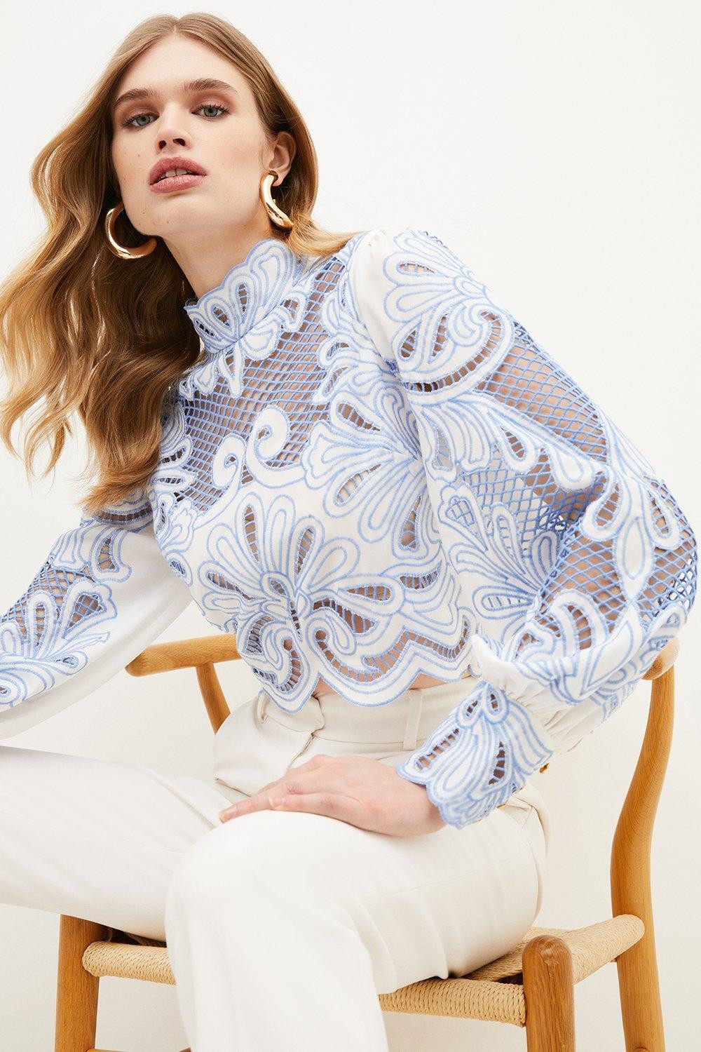 Cutwork Volume Sleeve Woven Top | Karen Millen US