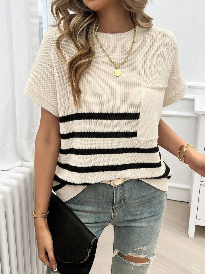 Women's Round Neck Striped Batwing Short Sleeve Sweater | SHEIN