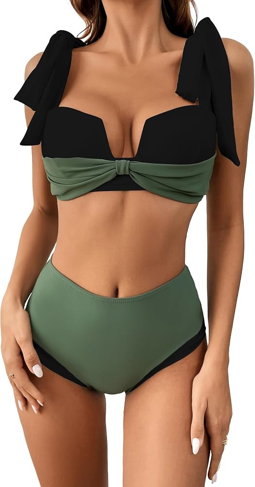 SPORLIKE Women Two Pieces Bikini Shoulder Straps Tie Swimsuit Molded Cup Bathing Suit | Amazon (US)