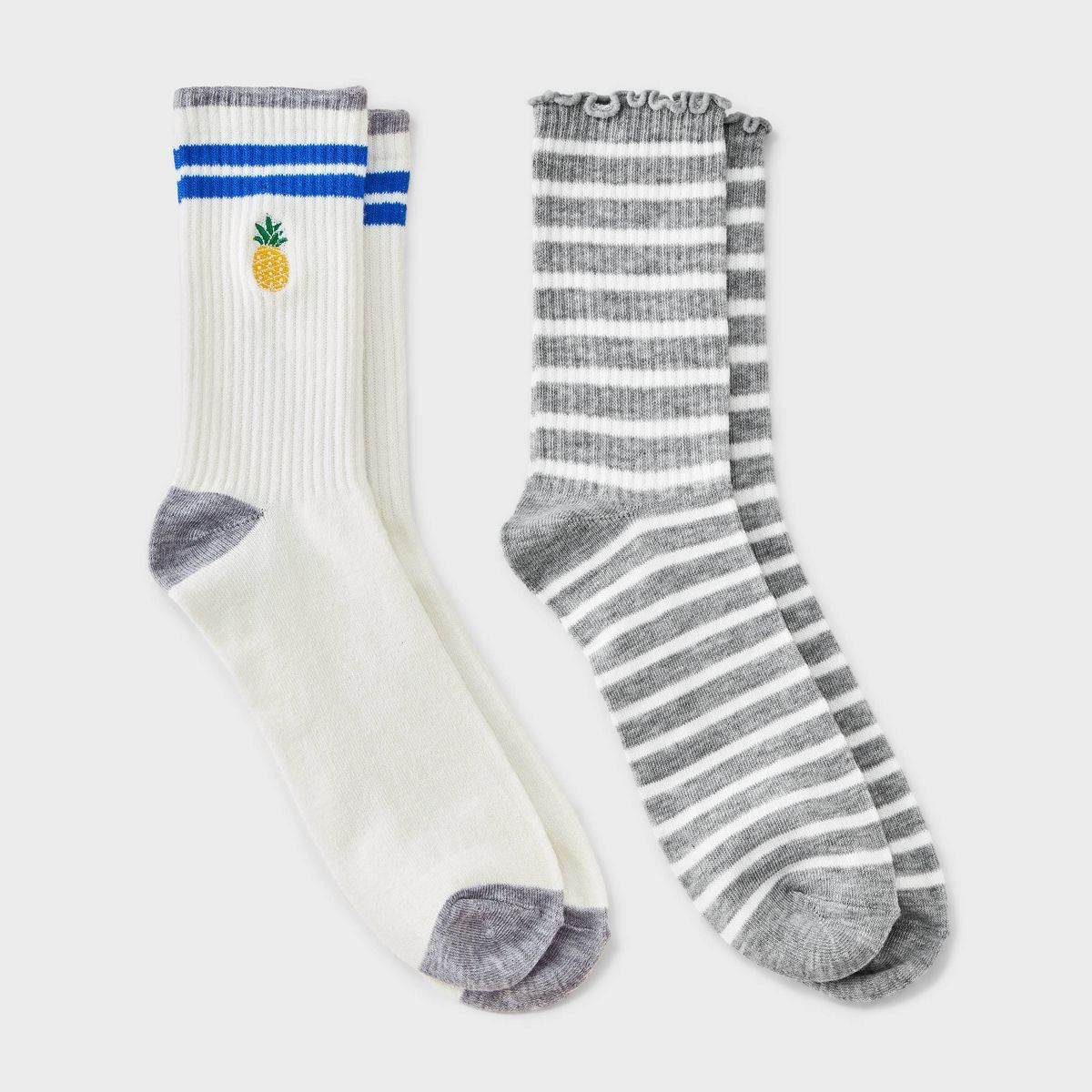 Women's 2pk Ribbed Scallop Edge Embroidered Pineapple Crew Socks - Wild Fable™ Cream/Grey 4-10 | Target