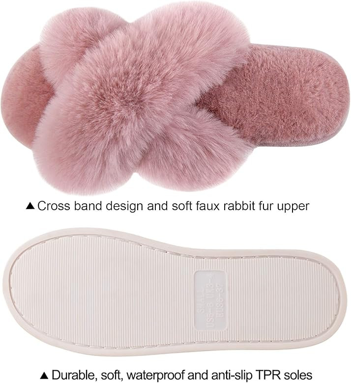 Amazon.com | Women's Cross Band Slippers Soft Plush Furry Cozy Open Toe House Shoes Indoor Outdoo... | Amazon (US)