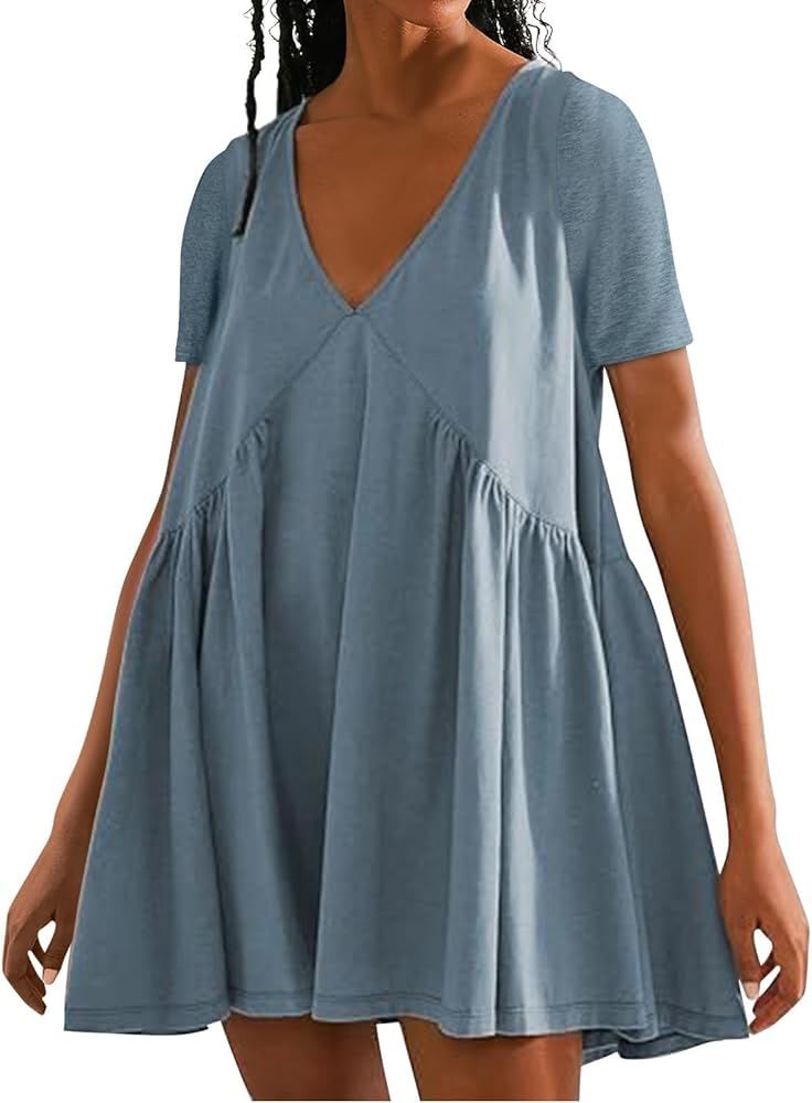 Summer Dresses for Women Casual Elegant Mini Dress Loose V Neck Babydoll Dresses 2024 Beach Vacat... | Amazon (US)