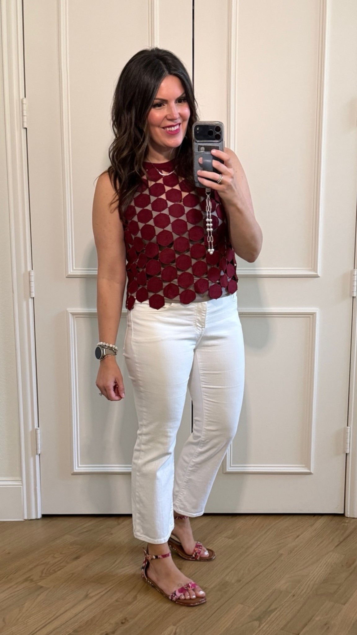 Burgundy top from Amazon that looks like a designer! Fits tts.  Paired with a mushroom cami from Amazon (size up 1-2 depending on bust) and soft white Madewell jeans. Old sandals sorry I know they’re cute! I also got the navy top! See other post. I’m a host of colour deep/dark summer and burgundy is a wow for me.