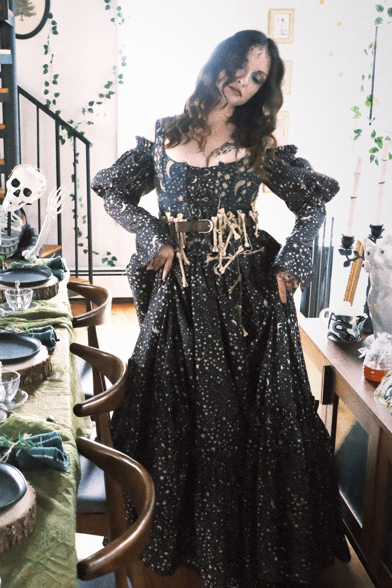 The outfit from this years bog witch dinner party! I wore some of my favorite Selkie pieces paired with some fake bones tied to a belt. So simple! 

Witch costume, Halloween costume, witchy dress, witchy gown, celestial gown, celestial corset, witchy corset, navy gown, fantasy outfit, witchy outfit 

#LTKOver40 #LTKHalloween #LTKTall
