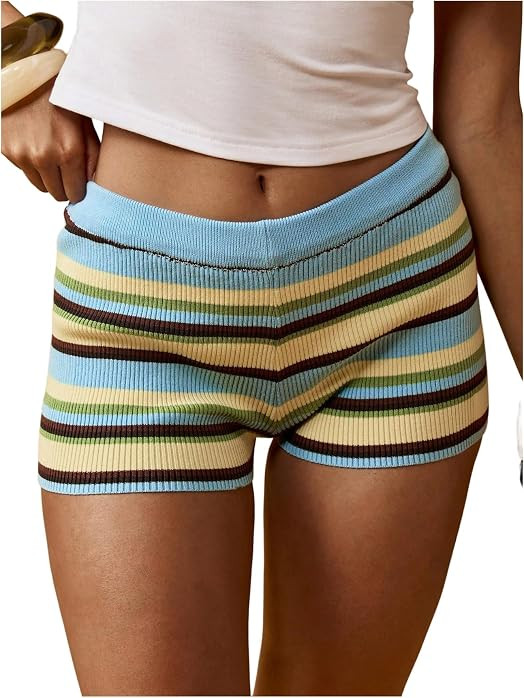 OYOANGLE Women's Y2K Summer Shorts Color Block Striped Ribbed Mini Shorts Elastic Waist Knitted Lounge Bottom | Amazon (US)