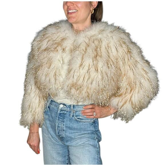 VINTAGE White Gold Tinsel Embellished Marabou Cropped Jacket Bolero NYE Party | Poshmark